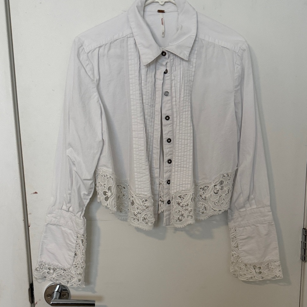 White Lace Trim Button-Front Blouse